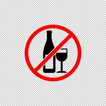No drinking alcohol or no wine symbol icon flat in black and red. Forbidden symbol simple on isolated background. EPS 10 vector.