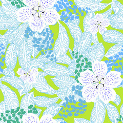 Floral seamless pattern with bright tropical leaves and exotic flowers. Abstract background texture. 