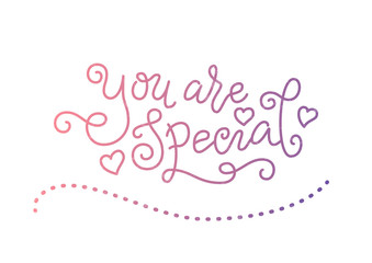 Modern mono line calligraphy lettering of You are special in pink purple textured with hearts on white