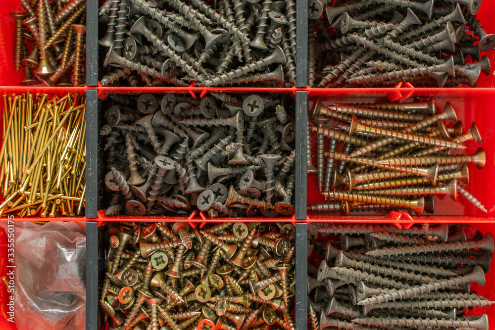 Wall mural Screws, bolts, nuts and other carpenter stuff in a plastic toolbox (hardware organizer). Flat lay top view. Stock photo.