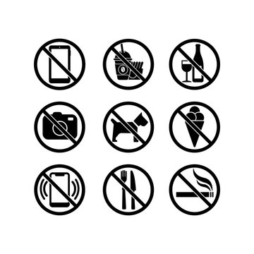 No cell phone, no camera, no ice cream, stop smoking, eating, dogs, drinking alcohol, fast food icon set in black. Forbidden symbol simple on isolated background. EPS 10 vector.