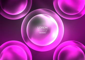 Glowing neon shiny transparent bubbles, glass circles or bio cell concept. Techno futuristic vector abstract background For Wallpaper, Banner, Background, Card, Book Illustration, landing page