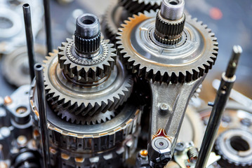 Close-up helical gears in car automatic transmission