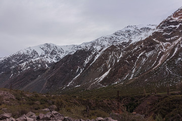 Fototapeta na wymiar Mountain landscape in Lo Valdés Valley, Cajón del Maipo, Central Andes of Chile.