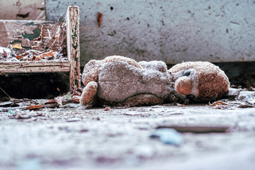 Abandoned stuffed penguin in Chernobyl kindergarten
