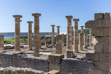 Roman archaeological site in which we can see ancient stone buildings with numerous columns facing the sea