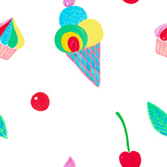Seamless pattern Watercolor children's print for fabric, e-paper, scrapbooking. Hand painted Heart Cupcake cherry ice Cream Dessert