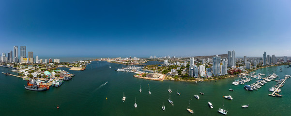 Fototapeta premium Aerial panorama view of the old city from the yacht club in Cartagena Bay.