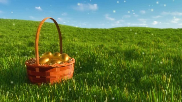 Close up of Easter wicker basket with bright golden colored eggs among green grass and magical fairy firefly lights flying in the air at spring day. Decorative paschal 3D animation rendered in 4K