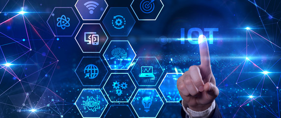 Internet of things - IOT concept. Businessman offer IOT products and solutions. Young businessman ...