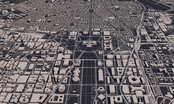 Washington DC city map 3D Rendering. Aerial satellite view.