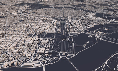 Washington DC stadsplattegrond 3D-Rendering. Satellietbeeld vanuit de lucht.