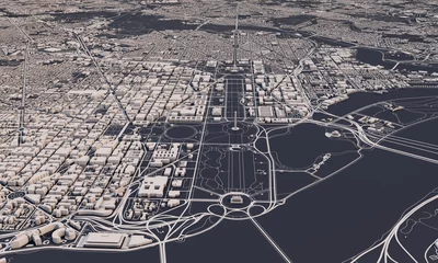 Fotobehang Grijs Washington DC stadsplattegrond 3D-Rendering. Satellietbeeld vanuit de lucht.