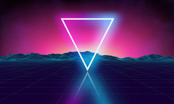 Retro futuristic background for game. Music 3d dance galaxy poster. 80s background disco. Neon triangle synthwave digital wireframe landscape with palms. Space vector.