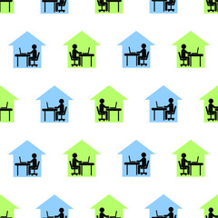 Fototapeta premium Working from home icon seamless pattern. Home office technology, remote work, freelance, online job concept. Silhouette of a man working at laptop in a green and blue house. Vector illustration