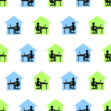 Working from home icon seamless pattern. Home office technology, remote work, freelance, online job concept. Silhouette of a man working at laptop in a green and blue house. Vector illustration