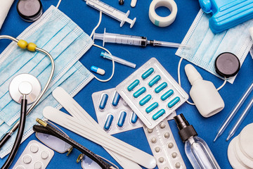 Set of diverse medical items. Means for the prevention, personal hygiene and treatment of the symptoms of coronavirus. COVID-19 pandemic, 2019-nCoV worldwide concept