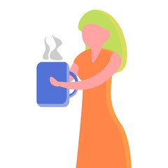 Girl with a cup in her hands. Flat female character with green hair holding glass cup of green tea. Round illustration isolated on white background.