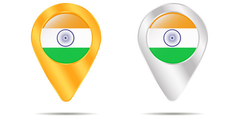 Map of pins with flag of India. On a white background. Vector