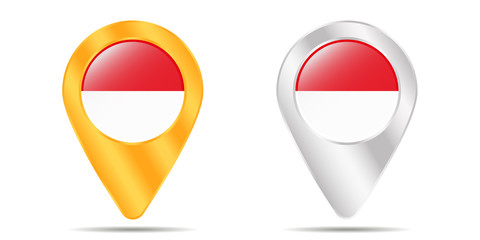Map of pins with flag of Indonesia. On a white background