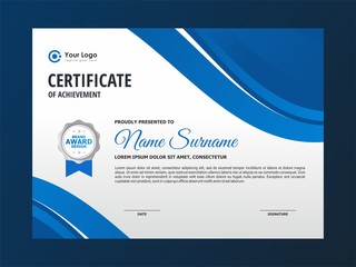 Abstract Clean Blue Wave Certificate Design, Professional Modern Certificate Template Vector