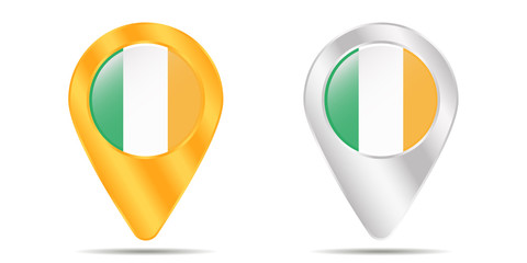 Map of pins with flag of Ireland. On a white background