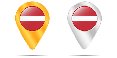 Map of pins with flag of Latvia. On a white background