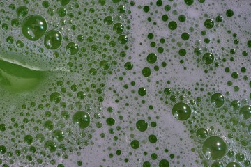 Foam bubbles as an abstract background in white and green.