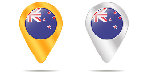 Map of pins with flag of New Zealand. On a white background