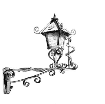 recommend clip art: Black and white graphic drawing of an old street lamp