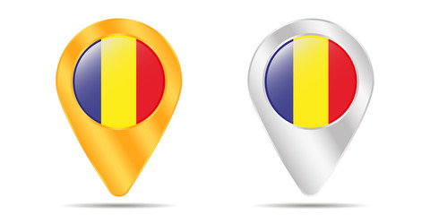 Map of pins with flag of Romania. On a white background