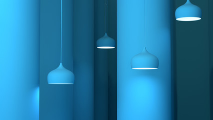 Abstract geometric background with the blue monochrome columns, and four lamps, 3d illustration