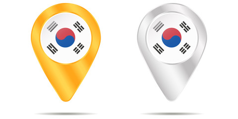 Map of pins with flag of South Korea. On a white background