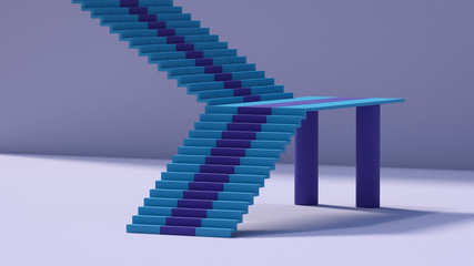 Abstract white space with the blue staircase in the center, minimalist concept, 3d illustration