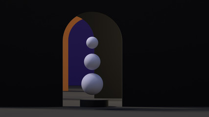 Abstract geometric background with the rhythm of dark arcs, white spheres on the pedestal in entering, 3d illustration