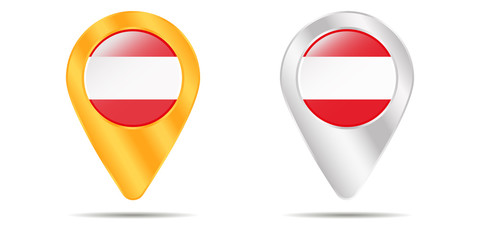 Map of pins with flag of Austria. On a white background
