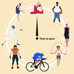 Plakat Time for sports. Isolated vector background of male and female athletes performing various sports events. Gymnast, football player, swimmer, cyclist, gymnastics, fencing, ice skating.