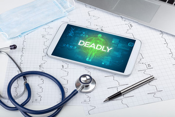 Tablet pc and doctor tools with DEADLY inscription, coronavirus concept
