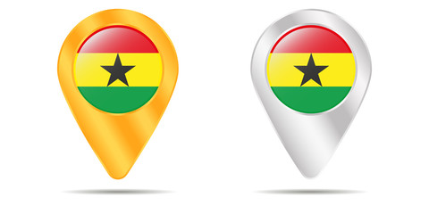 Map of pins with flag of Ghana. On a white background