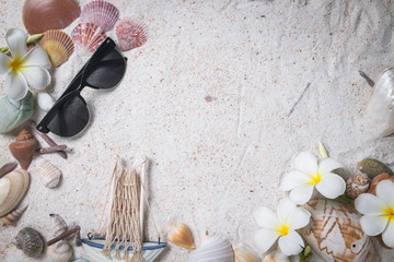 Sunglasses with Shells and plumeria flowers on sand background,
