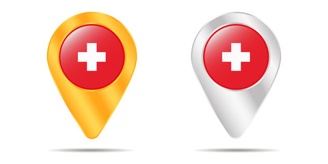 Obraz premium Map of pins with flag of Switzerland. On a white background