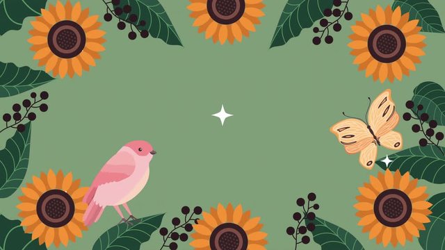 beautifull flowers garden and bird with butterfly animation