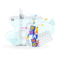 Brand building concept. Tiny people collect word Brand from cubes.