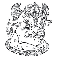 Fantasy coloring page for adults with wild creature for magic board games with  wild fantastic creature  with helmet and bones