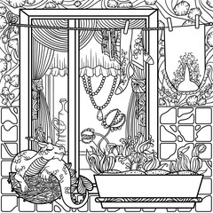  Coloring page for adults with neighbor window with dragon nest and fantastic surroundings