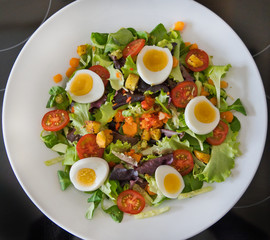Gemischter veganer Bio Salat Teller mit Tomaten, Eier, Paprika, Feldsalast und Croutons, Produktbild