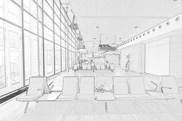 Extracted line draft from photo: waiting hall of Arlanda Airport for inside European Union departure. 