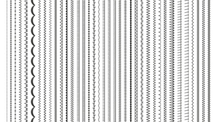 Sewing stitches. Embroidery seams seamless pattern. Vector. Set of machine thread sew brushes. Overlock fabric elements. Line border isolated on white background. Simple graphic illustration.
