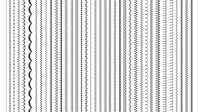 Sewing stitches. Embroidery seams seamless pattern. Vector. Set of machine thread sew brushes. Overlock fabric elements. Line border isolated on white background. Simple graphic illustration.