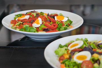 Gemischter veganer Bio Salat Teller mit Tomaten, Eier, Paprika, Feldsalast und Croutons, Produktbild